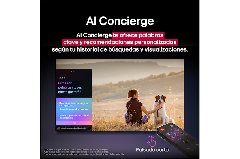LG AI Magic Remote frente a la pantalla de una LG TV. 